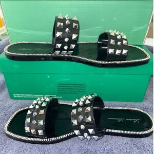 Lauren Lorraine Studly Black Rhinestone Studded Slide Sandals Women's Fashion